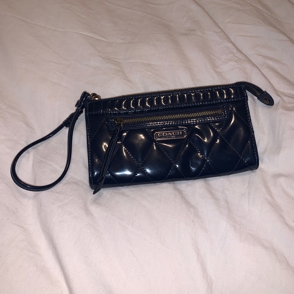 Navy Quilted Shiny Coach Wristlet - Picture 1 of 3